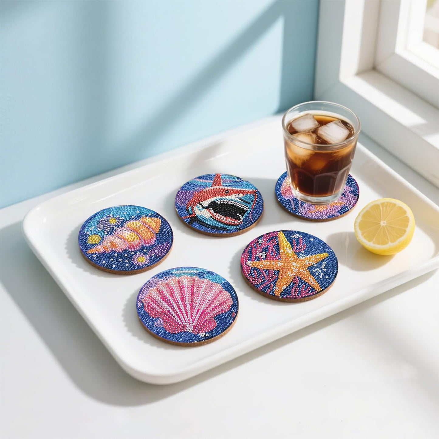 DOZEEZOP 8 PCS Diamond Art Coasters Kit, 5D Diamond Painting Coasters with Holder, Fall Small Diamond Art Kits for Adults Beginners, Diamond Dots Arts and Crafts Supplies Ocean