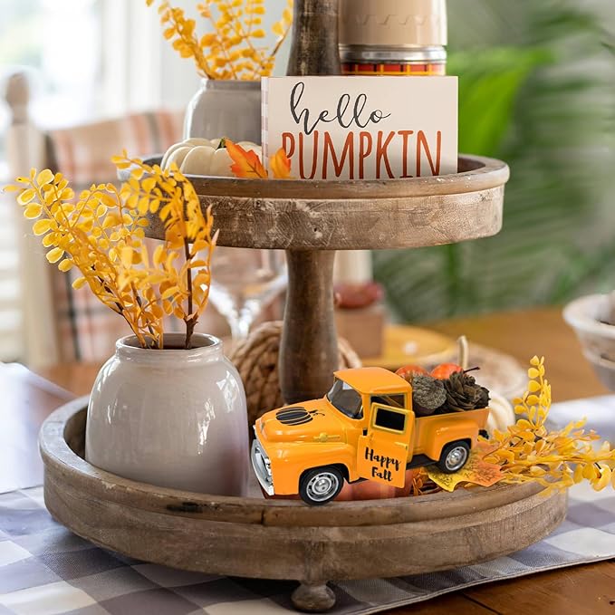 Thanksgiving Fall Decorations Indoor Farmhouse Vintage Metal Truck with Mini Fake Pumpkins Acorn Pine Cones Harvest Decor for Fall Tiered Tray Thanksgiving Centerpieces for Table Home Kitchen Party