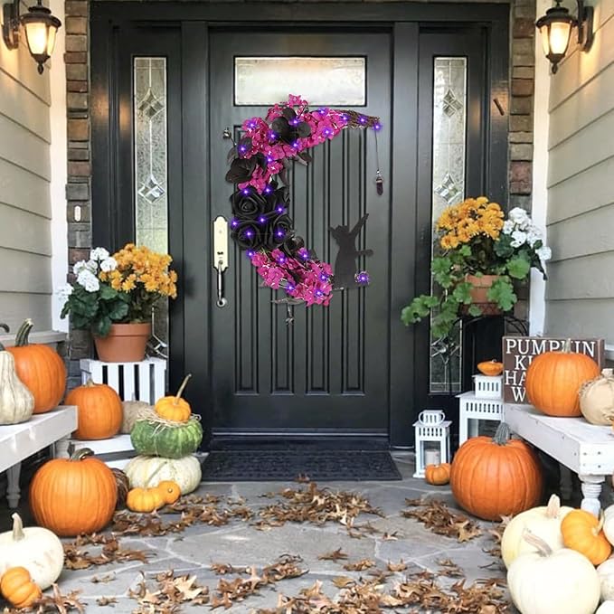 Halloween Wreaths For Front Door, Flower Moon Cat Halloween Home Decoration, Halloween Family Gathering Decoration Wreath，Outdoor, Wall, Closet, Fence, Wreath Halloween (Rose Red)