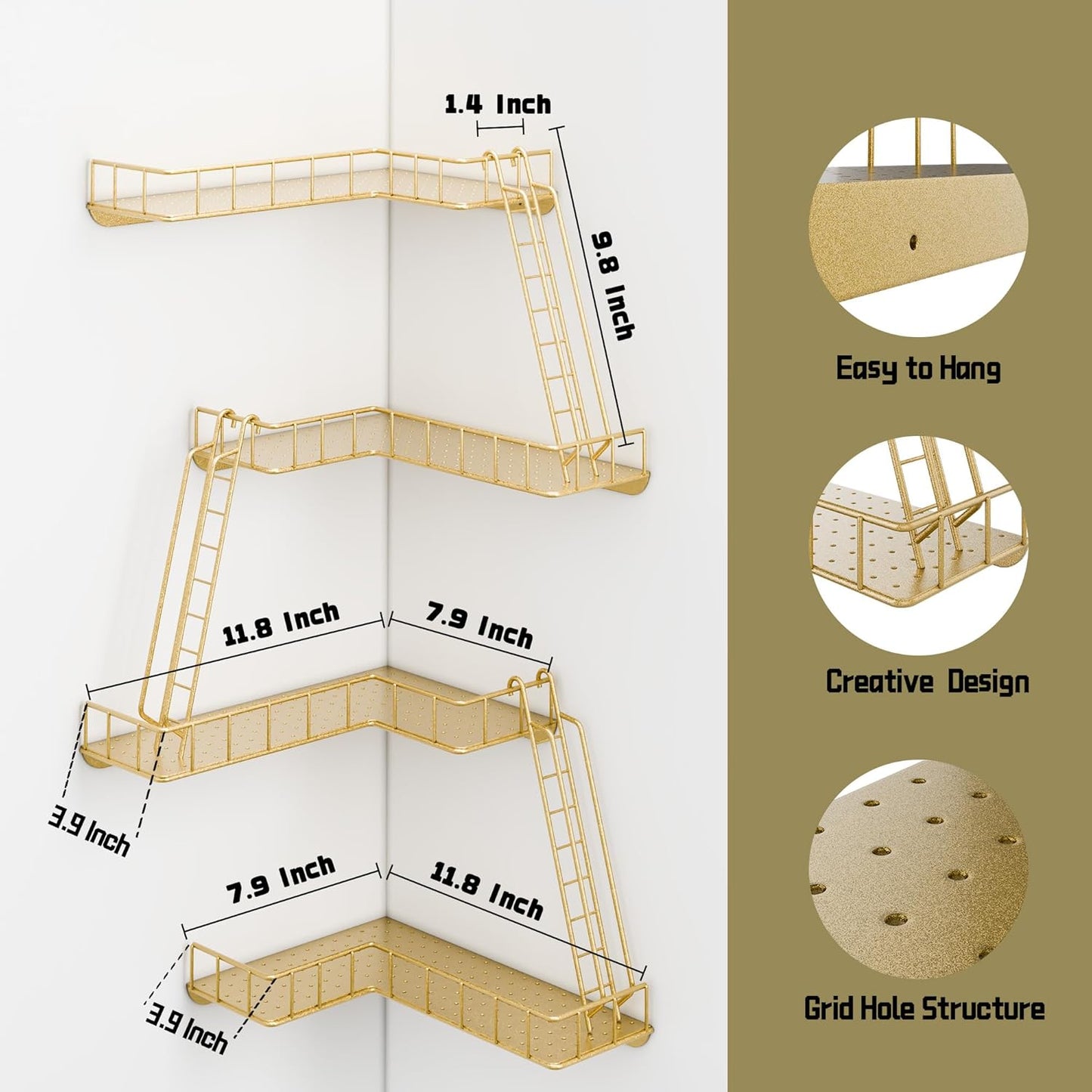 Fire Escape Wall Shelf - Modern City Style 4-Tier Corner Wall Shelves, Easy to Install Metal Ladder Shelf for Figures, New York Decorative Shelves for Bathroom, Living Room & Home Decor,Gold
