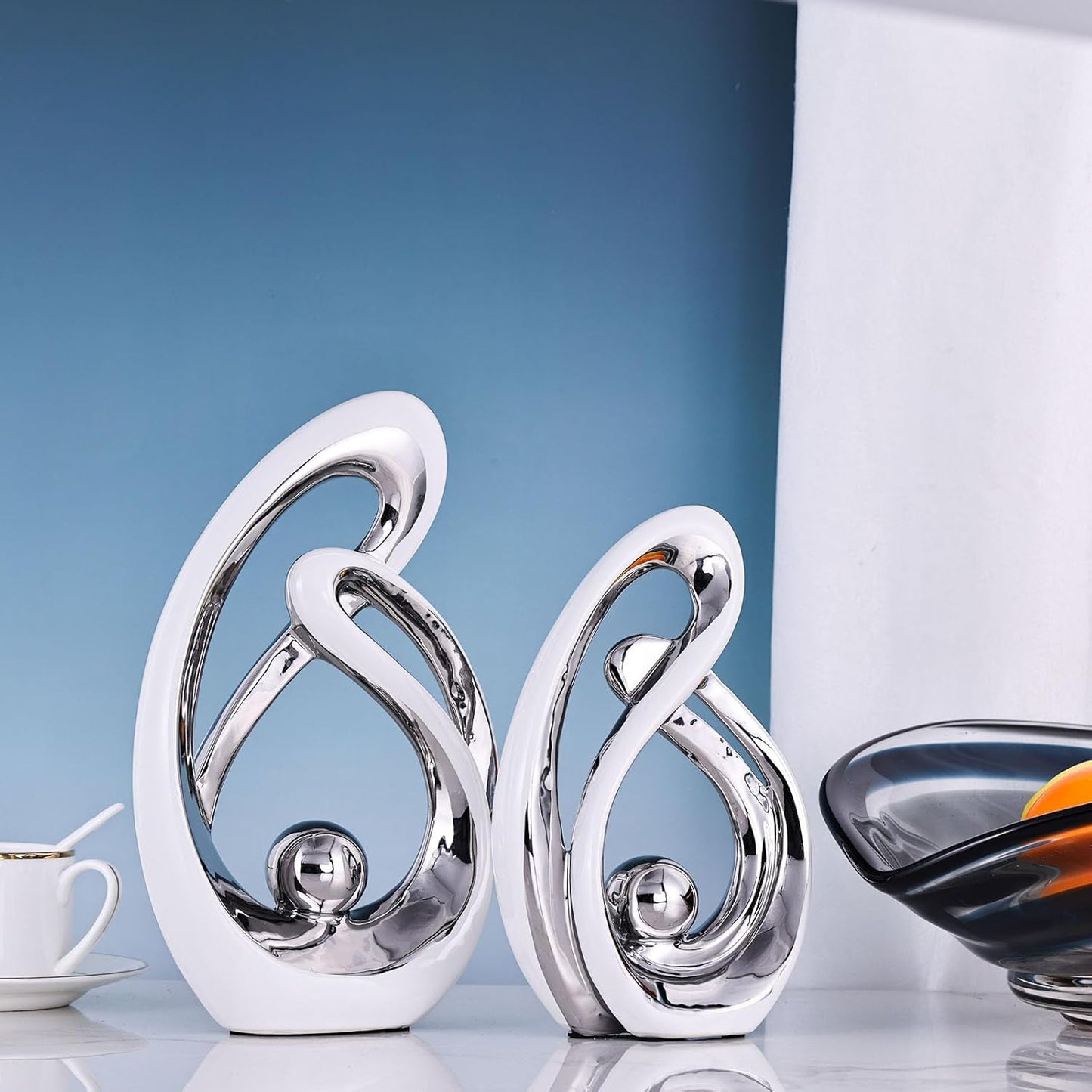 Home Decor Accent,Porcelain Art Mid Century Bookshelf Decorations,Gold Centerpieces for Tables,Abstract Ceramic Statue Sculpture for Coffee Table Mantel Tv Stand Centerpieces (White Silver, Large)