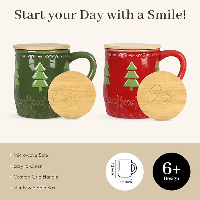 Young's Inc Christmas Coffee Mugs Set of 2, Ceramic Holiday Woodland Lodge Christmas Mug Set with Wood Lid, Coaster Set, Hot Chocolate Mugs for Drinking Coffee