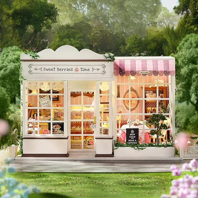 TuKIIE DIY Miniature Dollhouse Kit with Furniture, 1:24 Scale Creative Room Opened & Closed Wooden Doll House Plus Dust Proof & Music Movement for Kids Teens Adults(Sweet Berries Time)