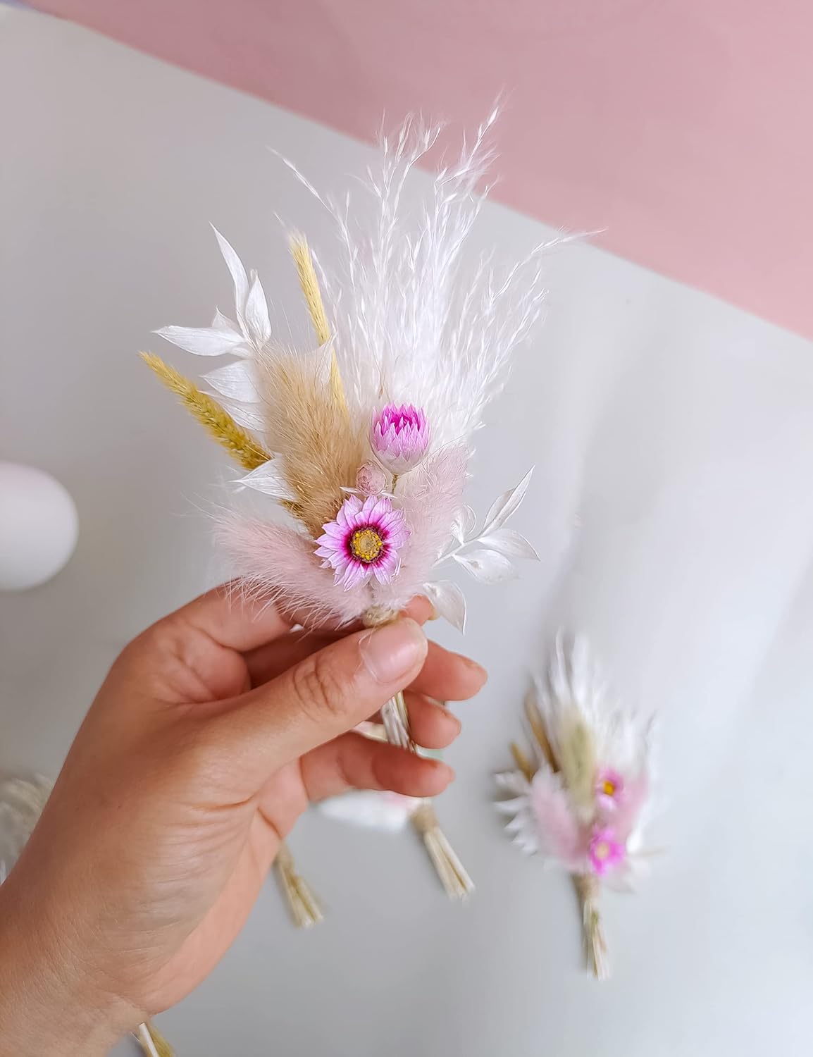 Mini Dried Flower Bouquet Set of 6, Boho Wedding Decor, Boutonniere for Men, Table Centerpieces, Birthday Cake Flowers,Personalized Bridesmaid Gift Box, Small Bottles Decoration.(White)