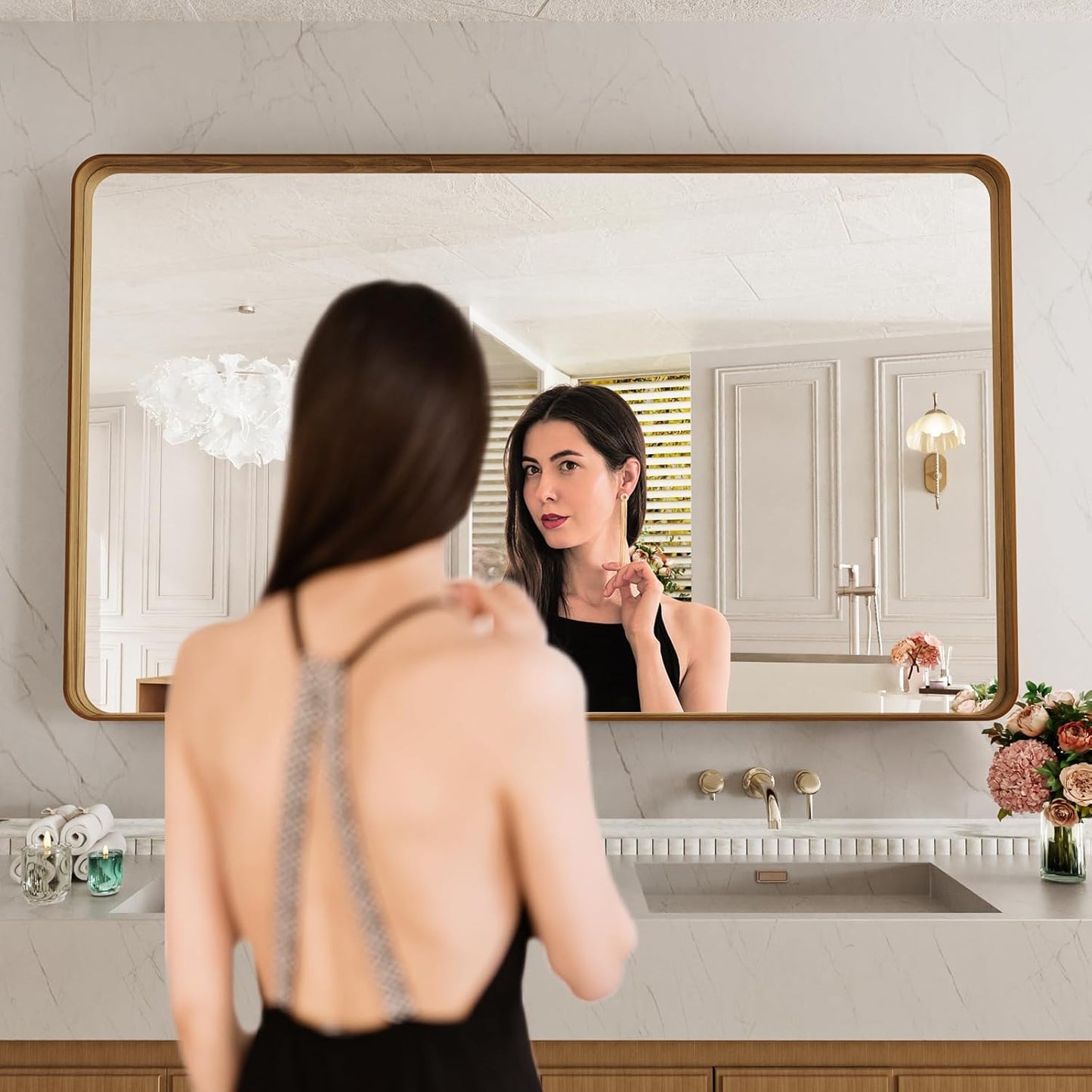 LOAAO 60X28 Inch Bathroom Mirror with Wood Grain Colored Metal Frame, Rounded Rectangle Metal Framed Bathroom Mirror, Anti-Rust, Hangs Horizontally or Vertically, Tempered Glass