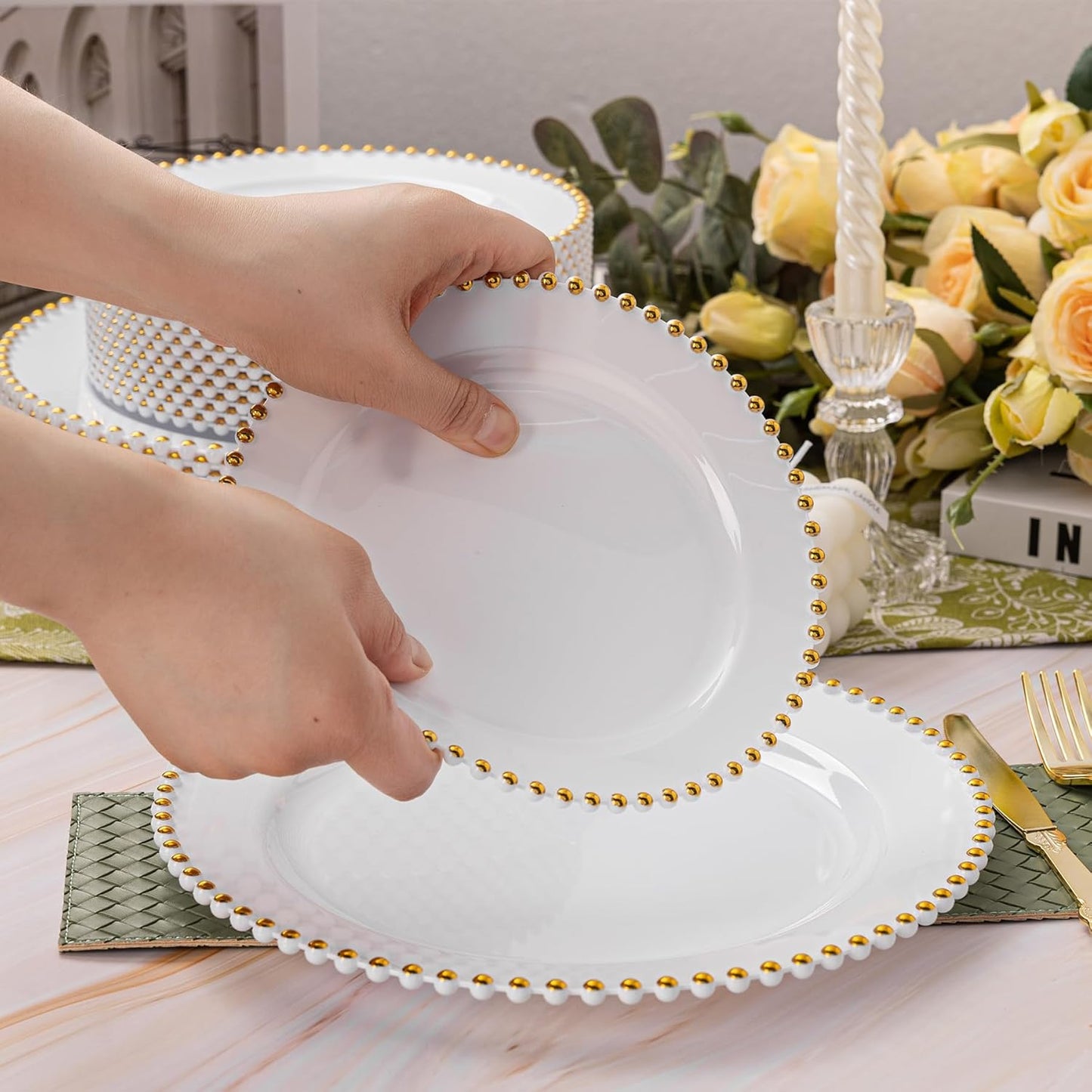HOMIP 75Pcs Gold Plastic Dinnerware Set - Pearl-Beaded Rim Plates & Baroque Forks, Spoons, Knives, Perfect for Elegant Wedding, Banquet & Party