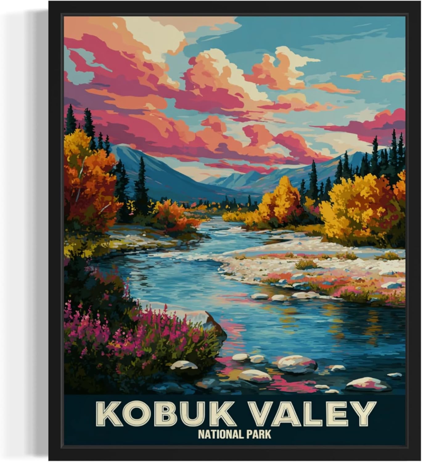 Kobuk Valley National Park Art Print Poster, Vintage Retro Pop Art Travel Wall Art Bedroom Bathroom Living Room Decor 185 (Kobuk Valley, 24 x 36 inches, Black Frame)