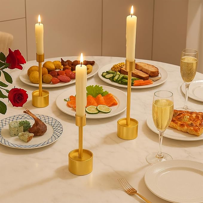 YUMORE 3-Packs Taper Candle Holders - Pillar Candlesticks Solid Stainless Steel Stands for Church, Wedding Centerpieces, Dining Table, Mantel Decor, Fireplace Party, Modern Farmhouse(Gold)