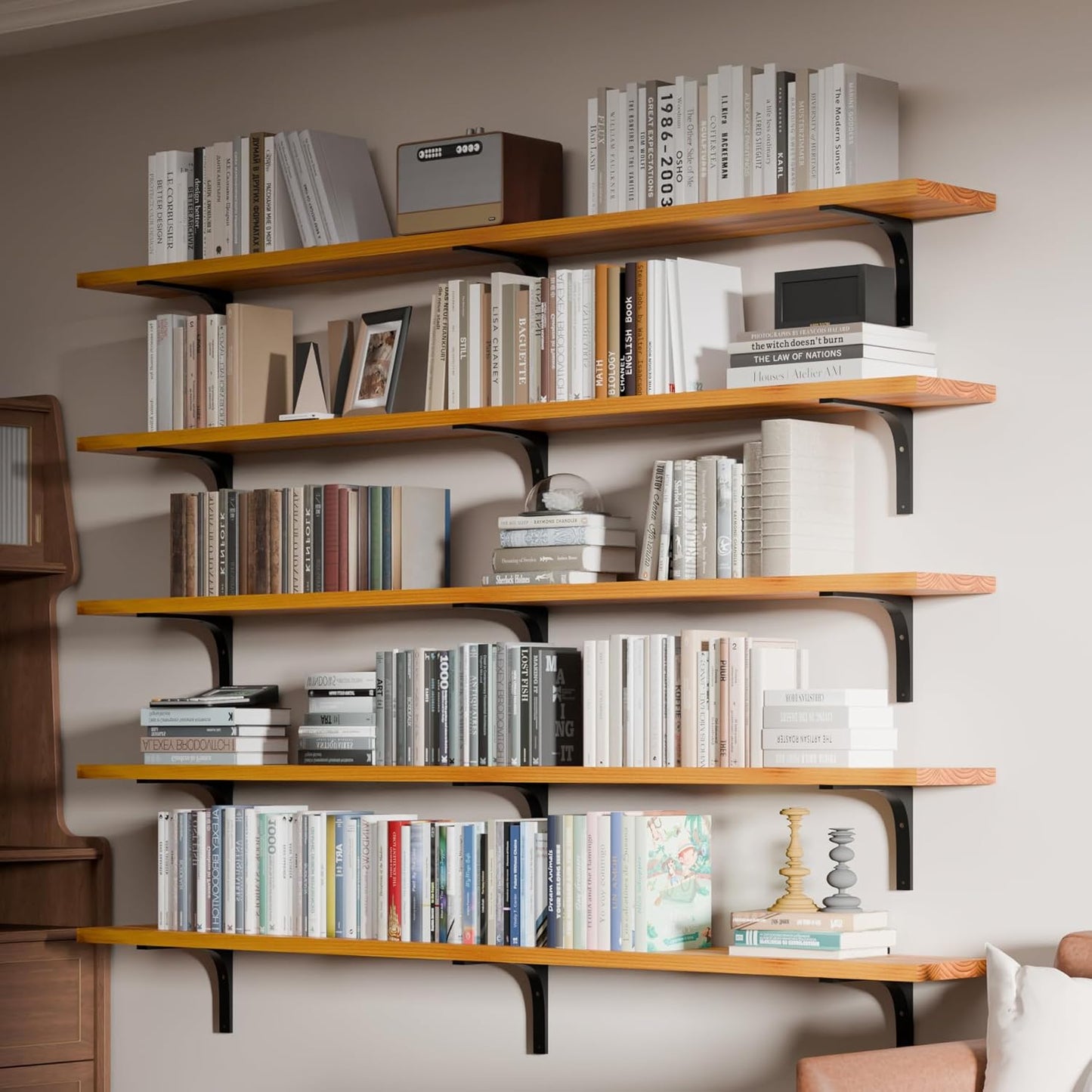 Long Floating Shelf for Wall 72 inch,Long Shelves Set of 5,Large Wall Mounted Bookshelf with Heavy Duty Brackets (Orange Brown, 72 Inch)