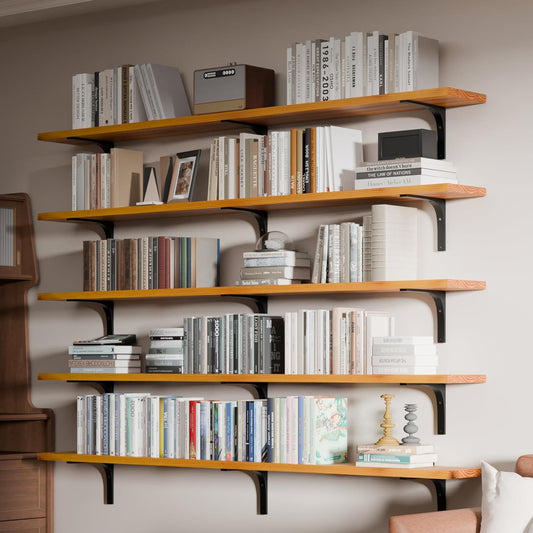 Long Floating Shelf for Wall 72 inch,Long Shelves Set of 5,Large Wall Mounted Bookshelf with Heavy Duty Brackets (Orange Brown, 72 Inch)