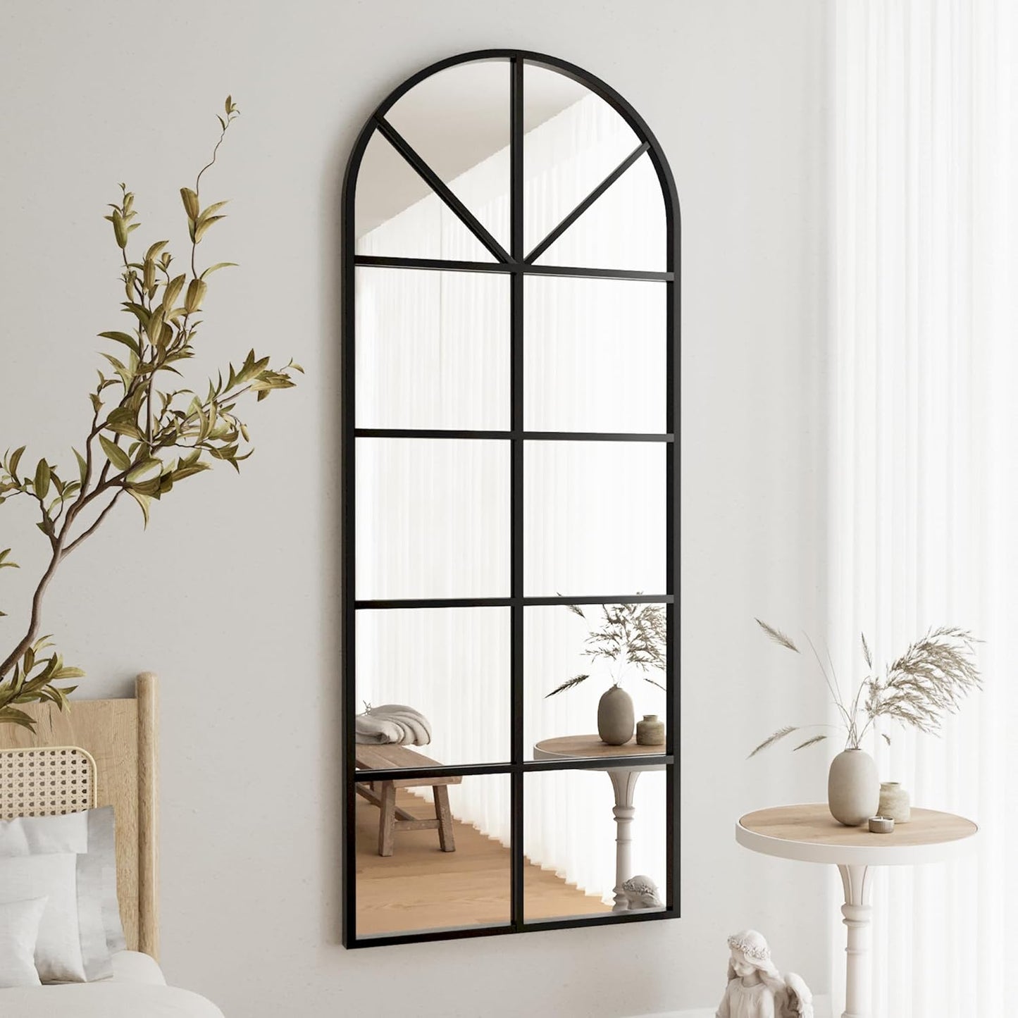 Floor Full Length Mirror, 71"x32" Large Arched Window Pane Mirror, Oversize Wall Full Body Mirrors, Black Farmhouse Standing Mirrors Hanging or Leaning for Living Room, Entryway, No Stand
