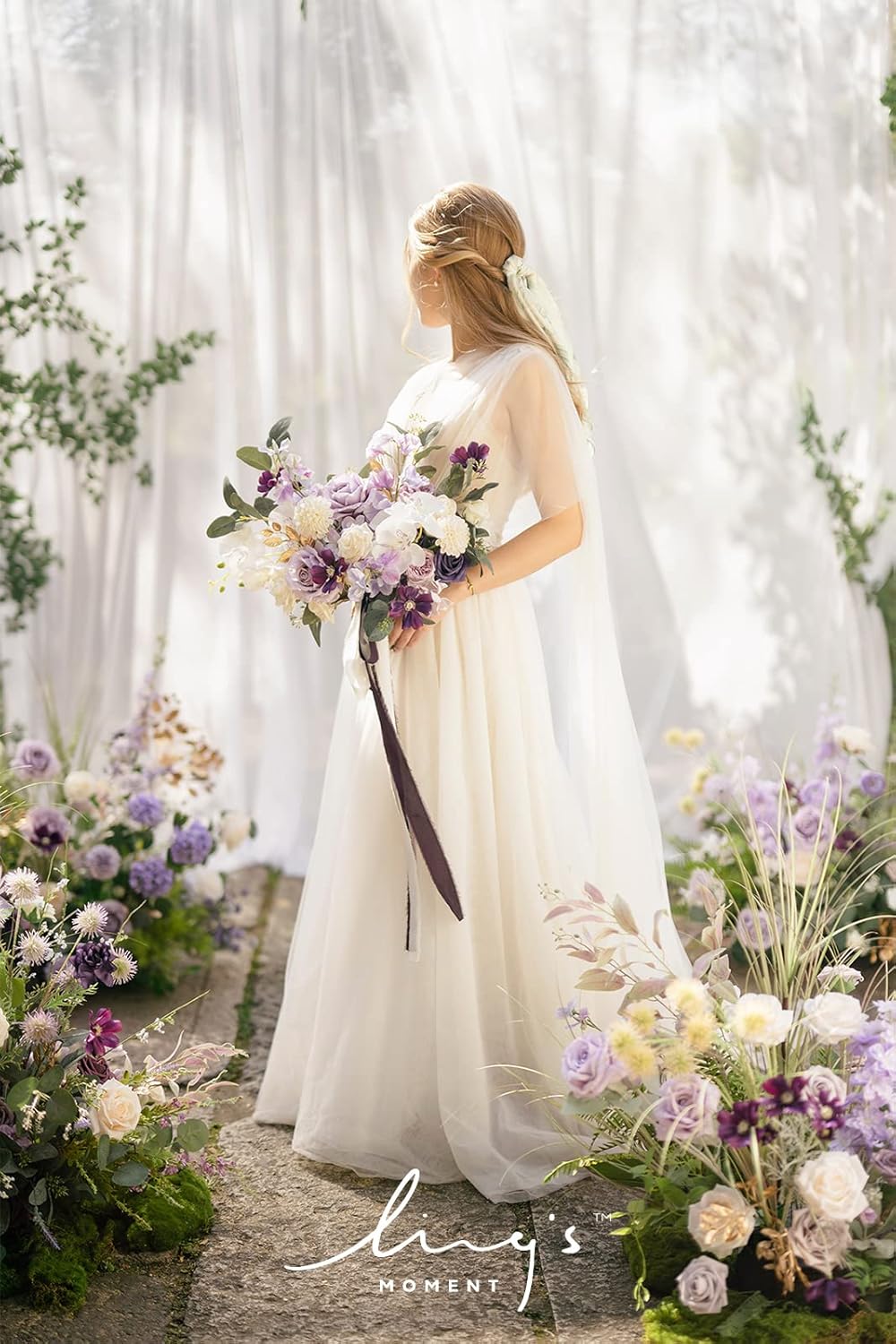 Ling's moment Purple Bridal Bouquet, 15 Inch Lilac Wedding Bouquets for Bride, Silk Free Form Bridal Bouquets for Wedding, Ceremony, Anniversary, etc.