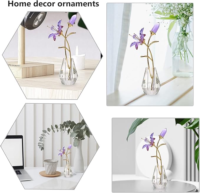 LONGWIN Crystal Artifical Tiger Lily Flowers with Vase - Purple Glass Collectible Figurines for Home and Wedding Decor