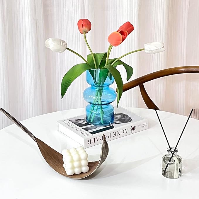 BLOFLO Blue Transparent Glass Hydroponic Vase, 7Inches Colored Glass Vase for Flower, Modern Geometric Three-Layer Floral Vases for Home Office Wedding Table Décor(Blue)