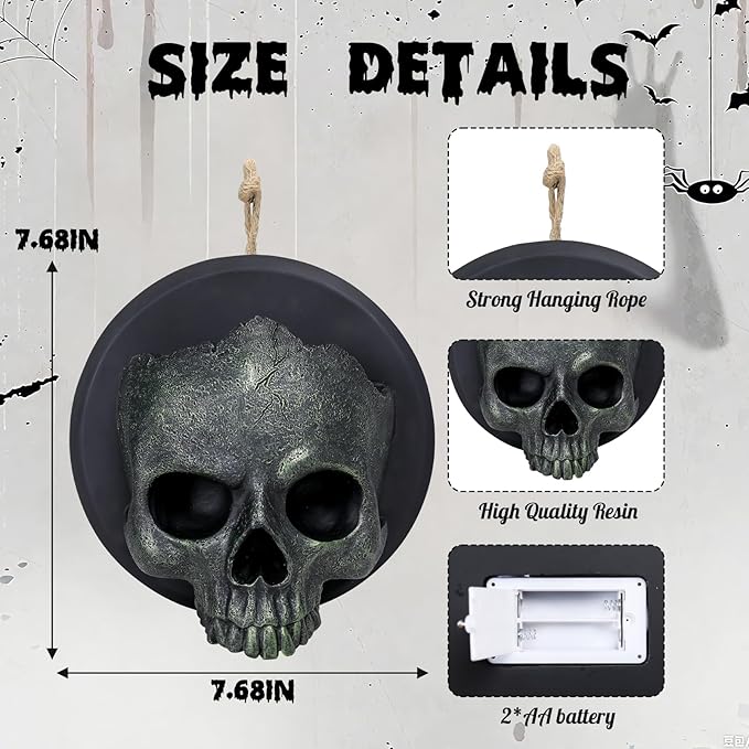 WONDER GARDEN 7.68 inch Halloween Skull Hanging Wall Decorations Light up Resin Green Gothic Skeleton Halloween Creepy Sculptures for Indoor Outdoor Office Horror Home Wall Decor