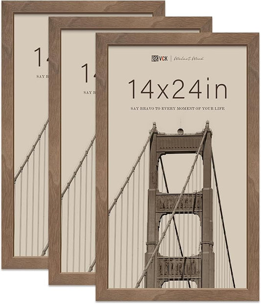 VCK 14x24 Poster Frame 3 Pack - Brown Walnut, Natural Textured Solid Wood Picture Frame, Wall Gallery Frame