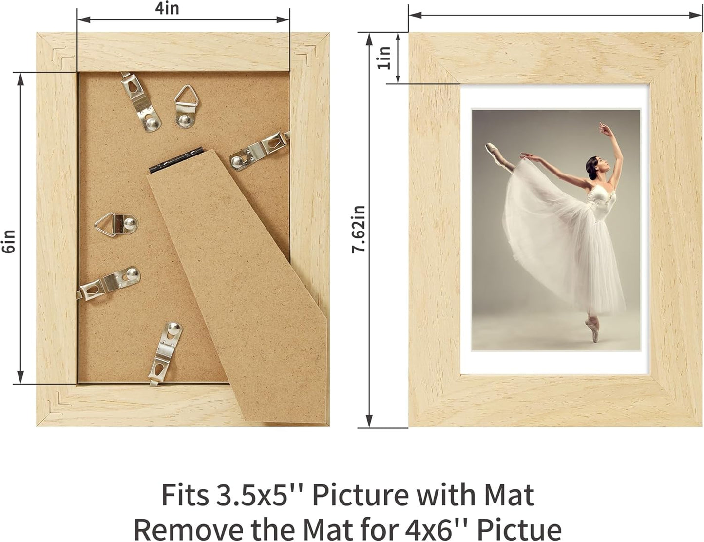 iRahmen 4x6 Picture Frame Set of 2, Wood Photo Frame with HD Glass - Display Pictures 3.5x5 with Mat or 4 x 6 without Mat for Horizontal or Vertical Tabletop and Wall Mounting