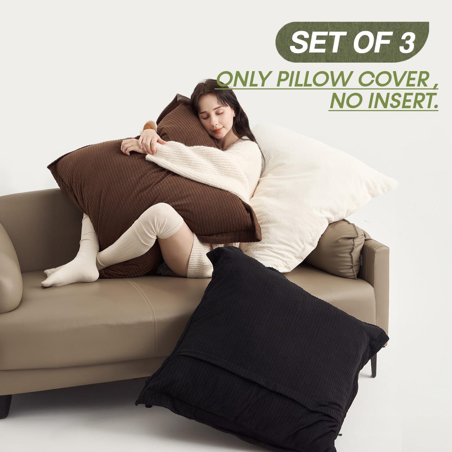 Decorative Pillow Covers - Dark Brown, Black & White | Extra-Large 30x30, Striped Corduroy, Low Maintenance Elegance for Modern, Spacious Interiors