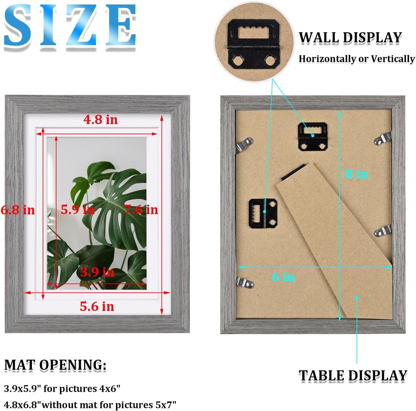 Egofine 6x8 Picture Frames Set of 4, Made of Solid Wood Covered by Plexiglass 4x6 and 5x7 with Mat or 6x8 without Mat, for Table Top Display and Wall Mounting Photo Frame Light Grey