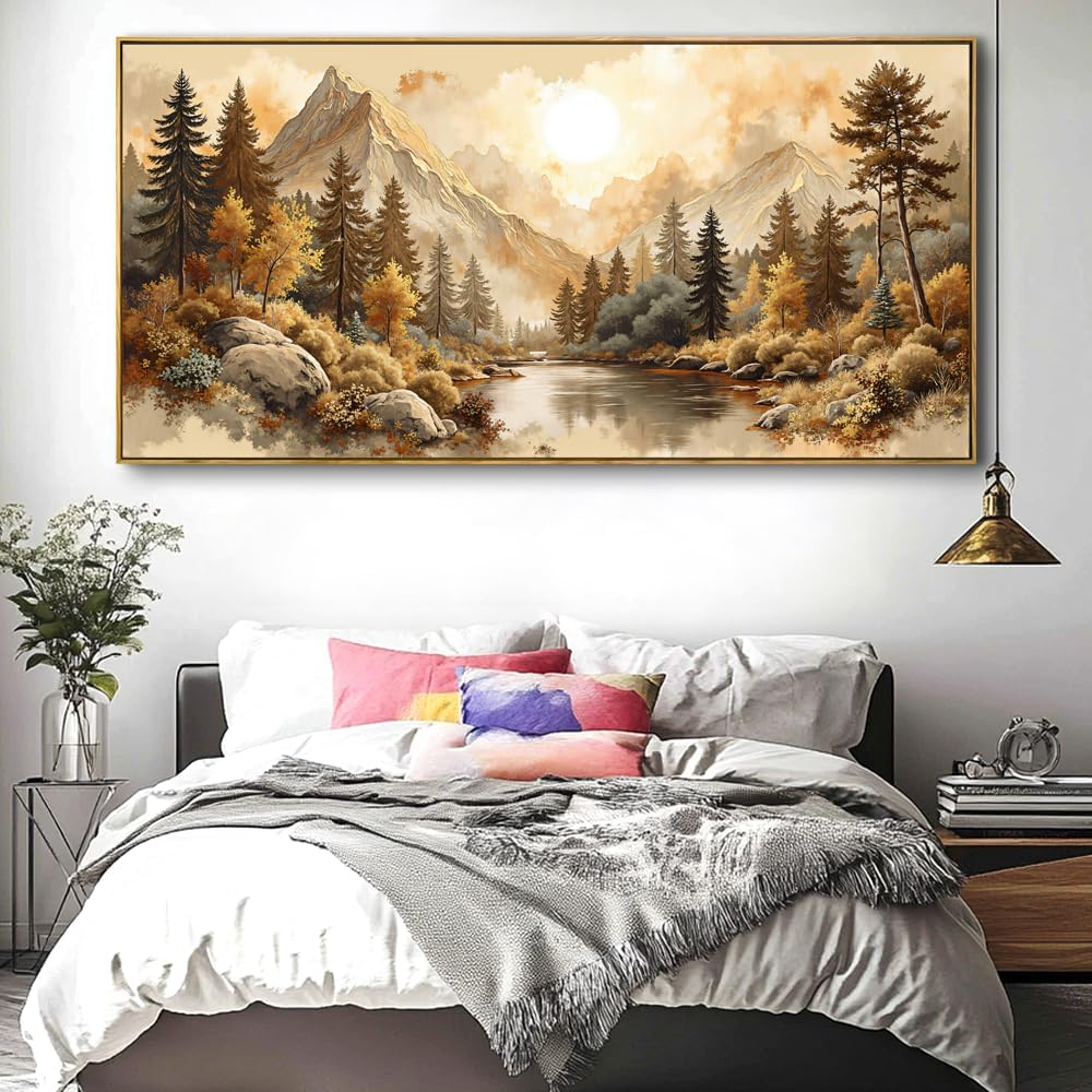 Landscape Wall Art - Framed Modern Canvas Painting for Living Room, Bedroom Home Office Decor, 48x24 Inch Ready to Hang