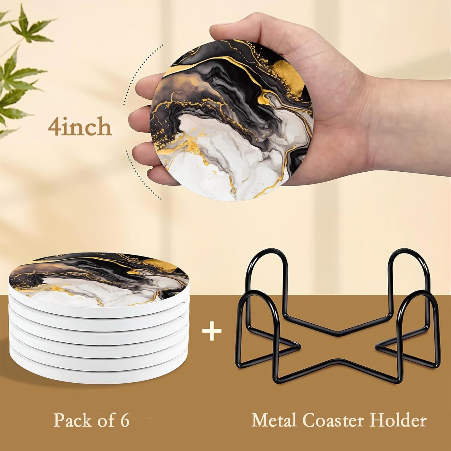 Black Gold Marble Ceramic Coaster Set of 6, Water-Absorbent Beverage Pads for Dining Table Decor & Glass Protection