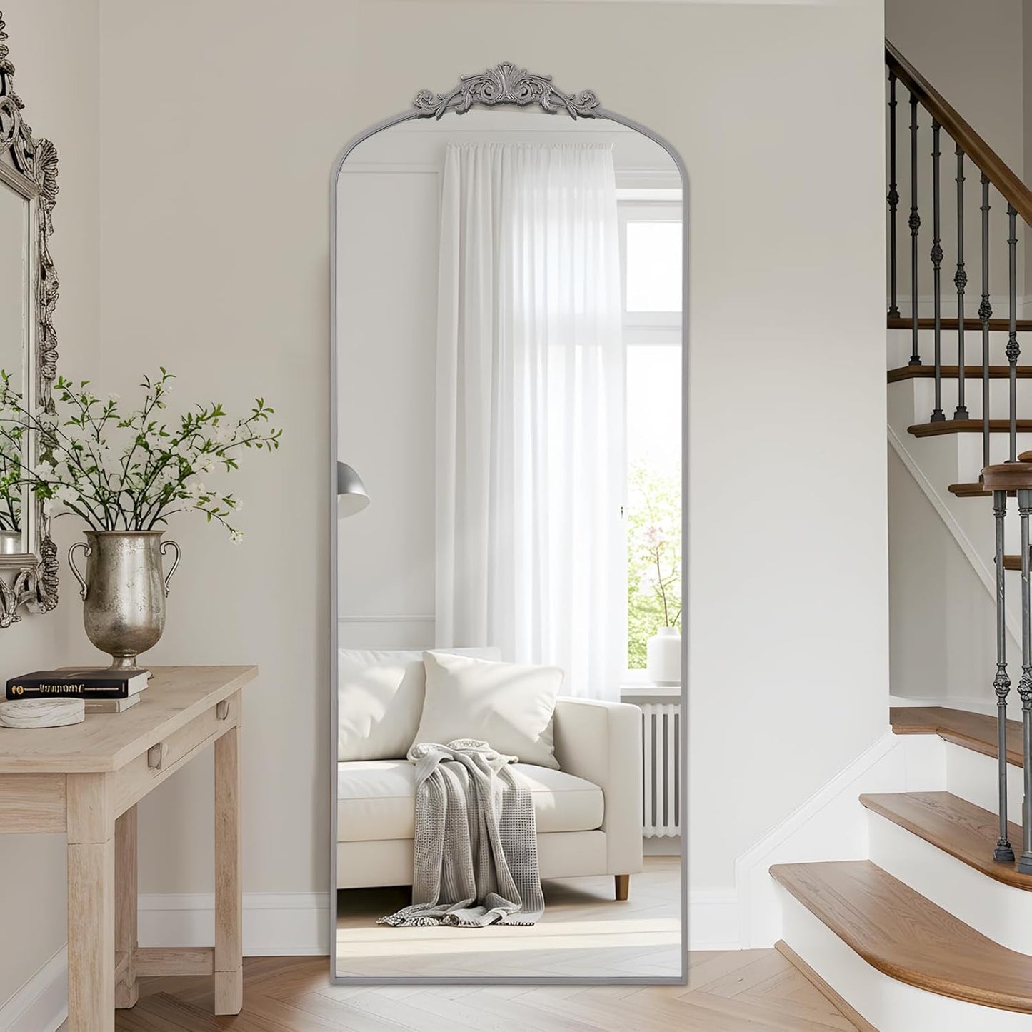 Filigree Floor Mirror 64"x21" Full Length Freestanding with Vintage Ornate Carved Applique Full Body Mirror Hanging Wall Mounted for Living Room Bedroom Retor Home Decor Mirror, Silver