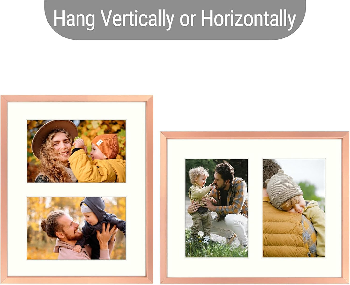 Frametory - 8x10 Aluminum Collage Picture Frame - Display 4x6 Pictures with 2 Openings Mat - Real Glass Front - with Easel Stand for Horizontal/Vertical Wall Mount - Rose Gold 1 Pack