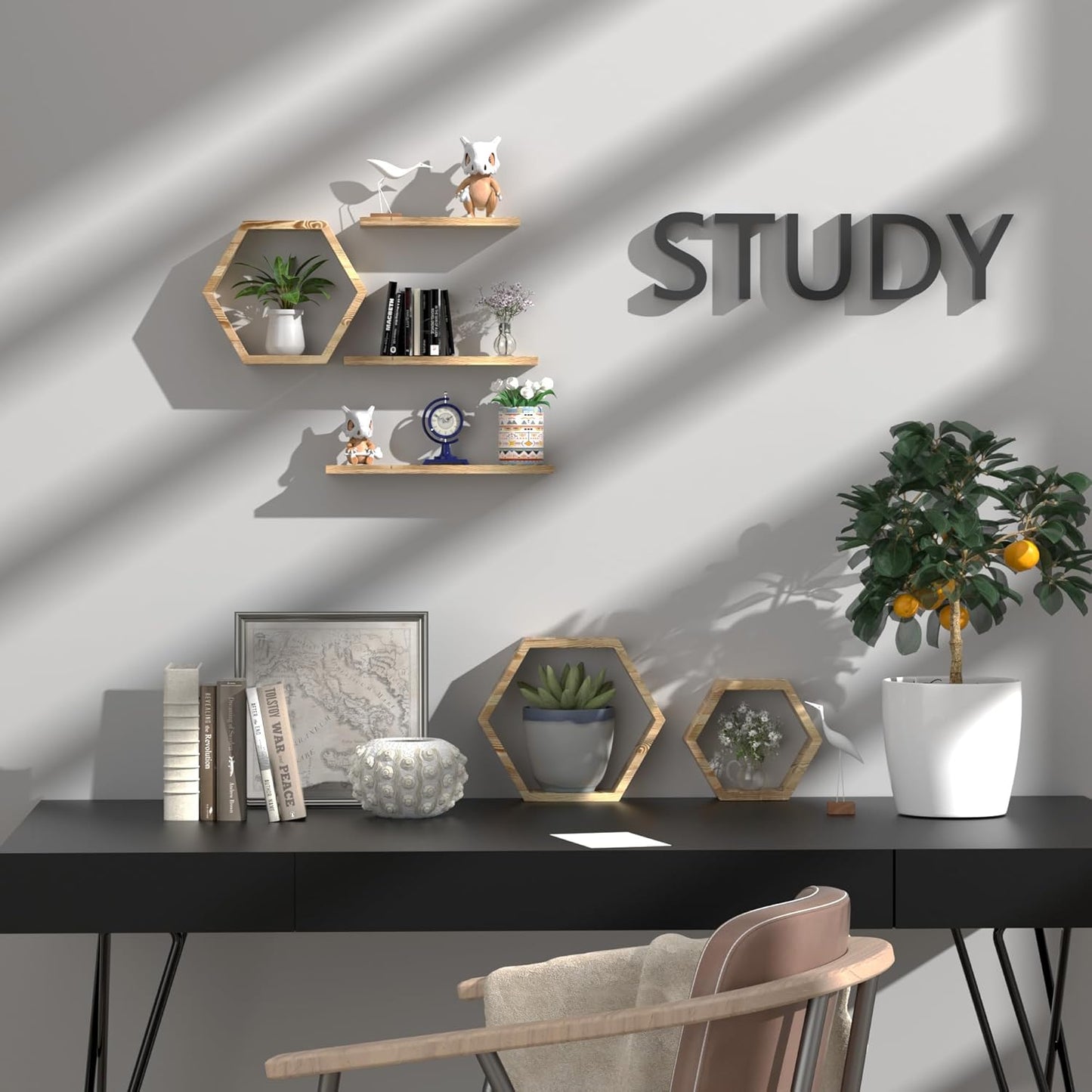 Hexagon Floating Geometric Honeycomb Shelves - Hexagon Floating Shelves Wall Mounted, Honeycomb Wall Shelves Set of 6, Geometric Floating Shelves for Home Decor, Lightly Color