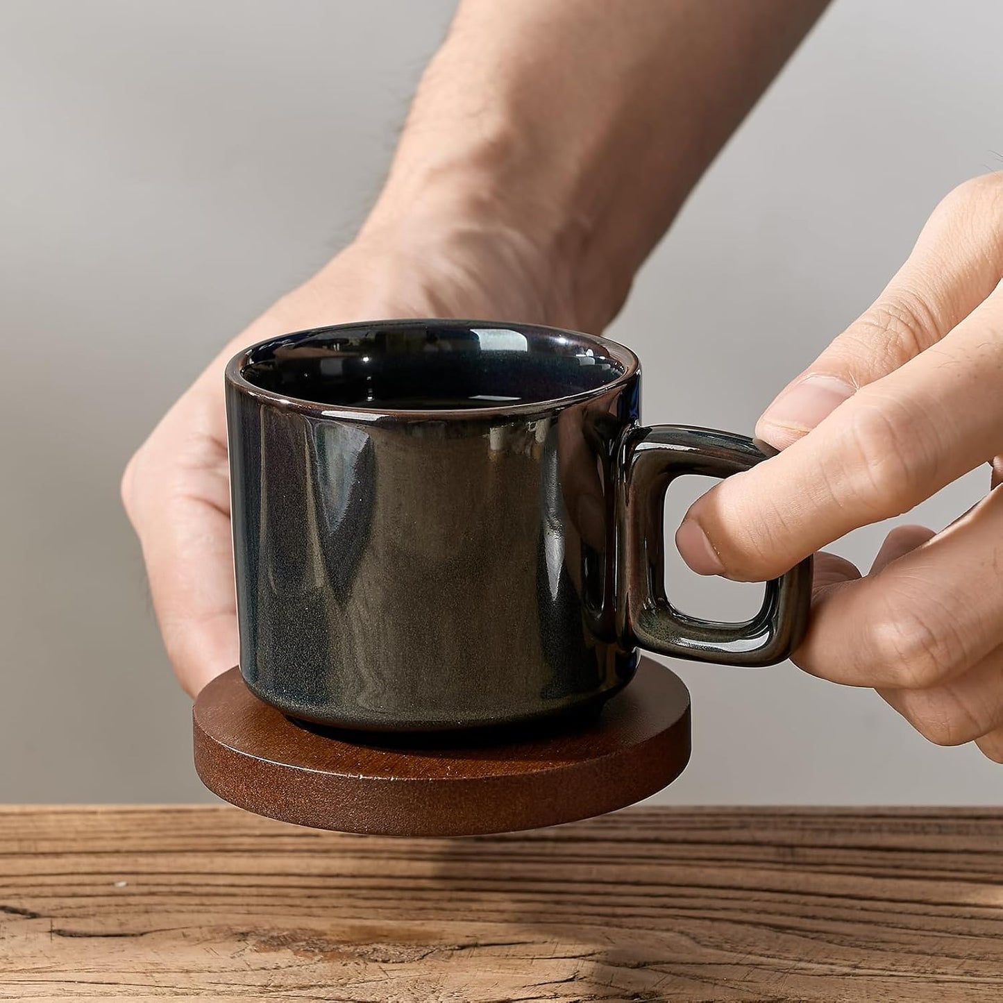 LUKA Porcelain Stackable Espresso Cups with Saucers and Metal Stand, 4 Ounce Small Ceramic Demitasse Cups Set for Latte, Specialty Coffee Drinks, Cafe Mocha,Tea - Set of 4, Reactive Dark Green