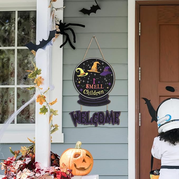 Welcome Halloween Door Sign,I Smell Children Sign,Hocus Pocus Halloween Decoration,Witches Door Decor Magic,Purple Crystal Ball Witches Wall Decor for Outdoor Indoor Home Porch Yard Party