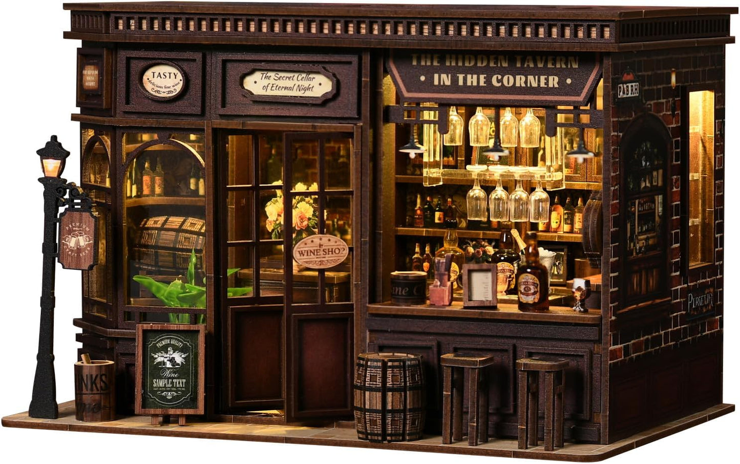 DIY Miniature House Kit, Book Nook Kit, 3D Wooden Puzzles Bookshelf Craft Kits, Dollhouse Kit with LED Light, Mini Building Kit for Adults Teen to Build (Corner Tavern)