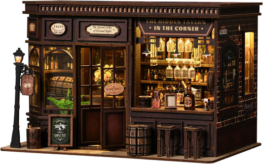 DIY Miniature House Kit, Book Nook Kit, 3D Wooden Puzzles Bookshelf Craft Kits, Dollhouse Kit with LED Light, Mini Building Kit for Adults Teen to Build (Corner Tavern)