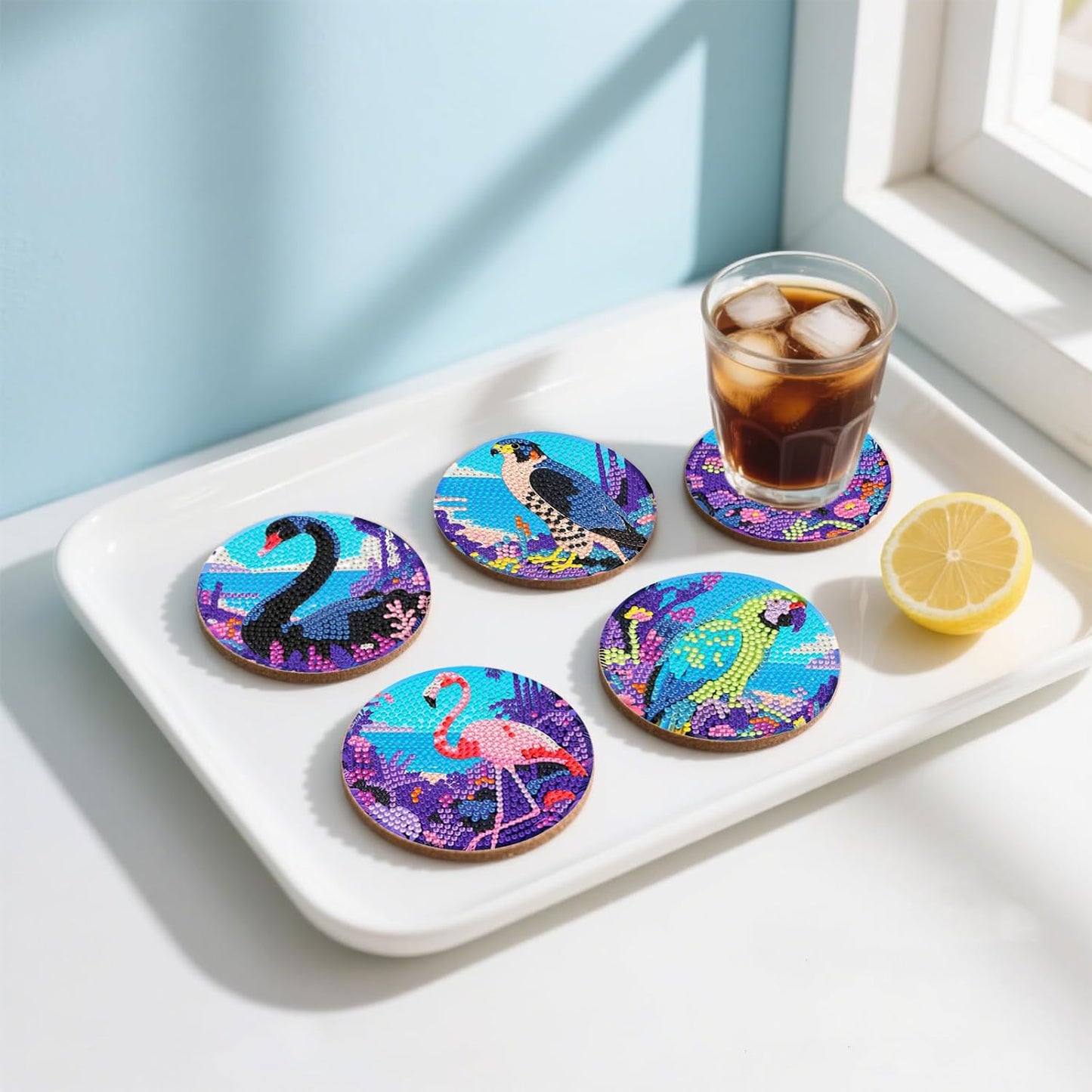 DOZEEZOP 8 PCS Animal Diamond Art Coasters Kit, Bird 5D Diamond Painting Coasters with Holder, Fall Small Diamond Art Kits for Adults Beginners, Diamond Dots Arts and Crafts Supplies