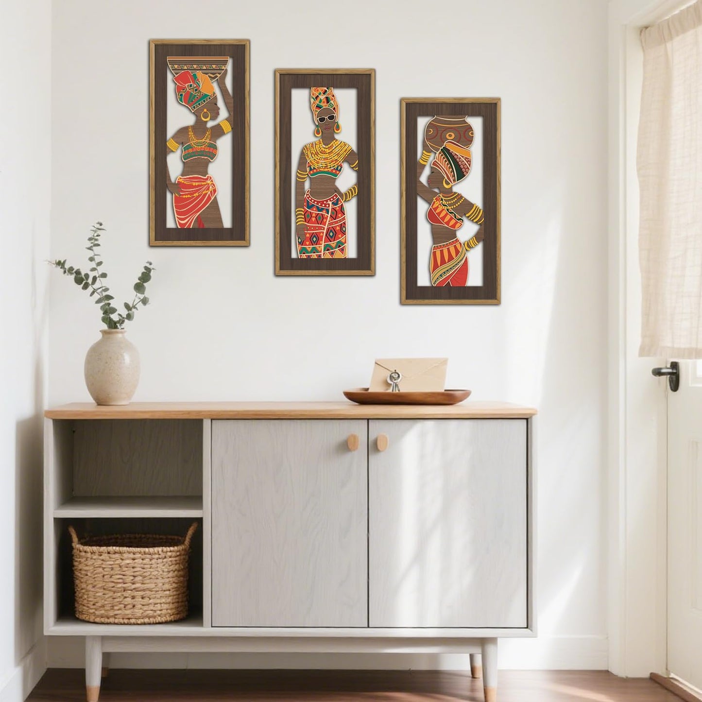 KAIRNE Abstract African American Wall Art,Black People Wooden Wall Art,Set of 3(8”X16”),Black Women Wood Hanging Decor,Traditional African Tribe Artwork for Living Room Kitchen Bedroom Decor,Framed