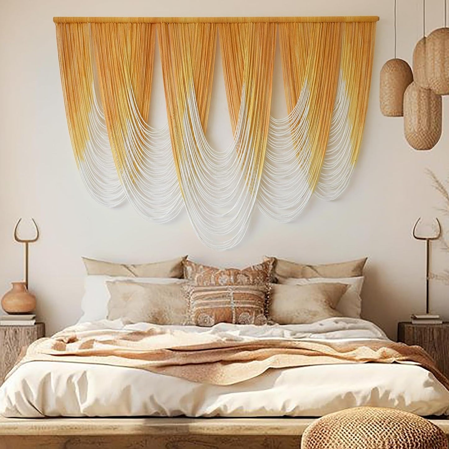 IOWER Macrame Wall Hanging Large Yellow Yarn Tapestry Headboard Decor Handmade Fiber Art Backdrop for Boho Bedroom, Living Room, 57" W x 41" L