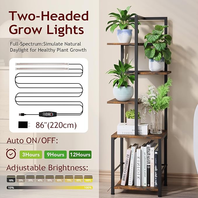 Plant Stand Indoor with Grow Light, 5-Tiered Tall Plant Stand Indoor, Metal Plant Shelf with Bookshelf Bookcase and Adjustable Light, Ideal for Living Room, Reading room, Garden, Patio (Brown)