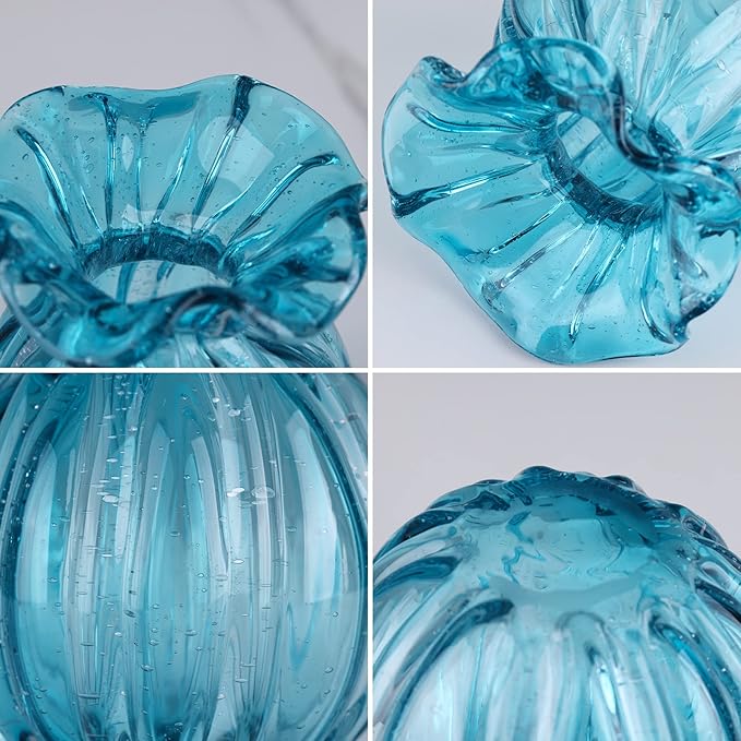 Blown Glass vase, Green Glass vase, Modern Art vase, Wide Mouth vase for Living Room Wedding Table Office centerpieces with Flowers.