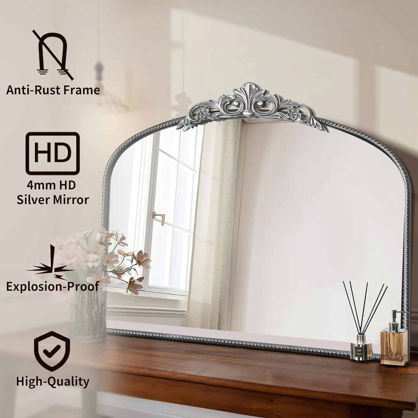 Micasso Vintage Baroque Silver Mirror: 29" x 36" French Vintage Mirror - Traditional Ornate Decorative Arched Mirrors for Wall/Bathroom/Entryway/Fireplace/Hallway - Home Decor for Living Room