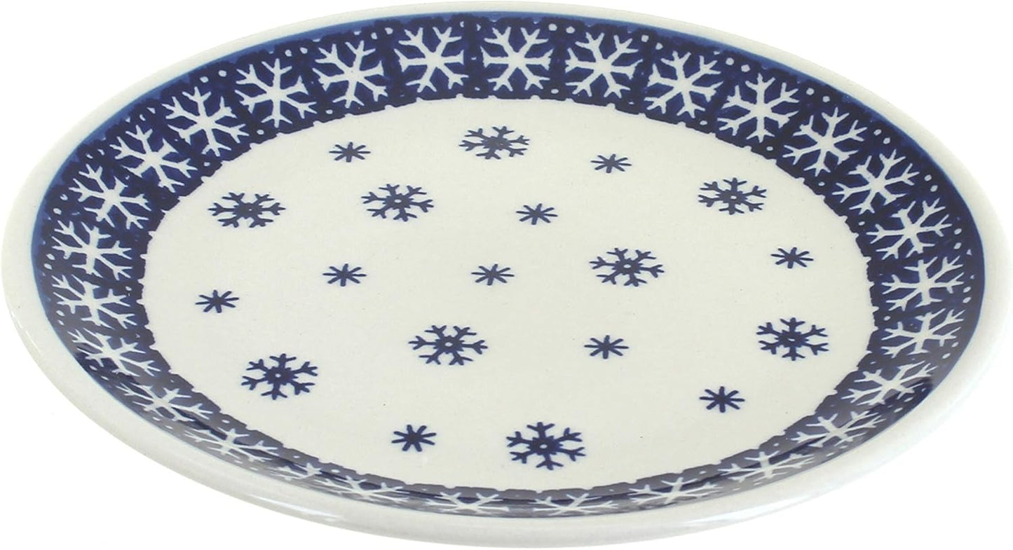 Blue Rose Polish Pottery - Blue Snow Flurry Dessert Plate - 7" Diameter - Polish Pottery Dessert Plate, Festive Design for Christmas Tableware