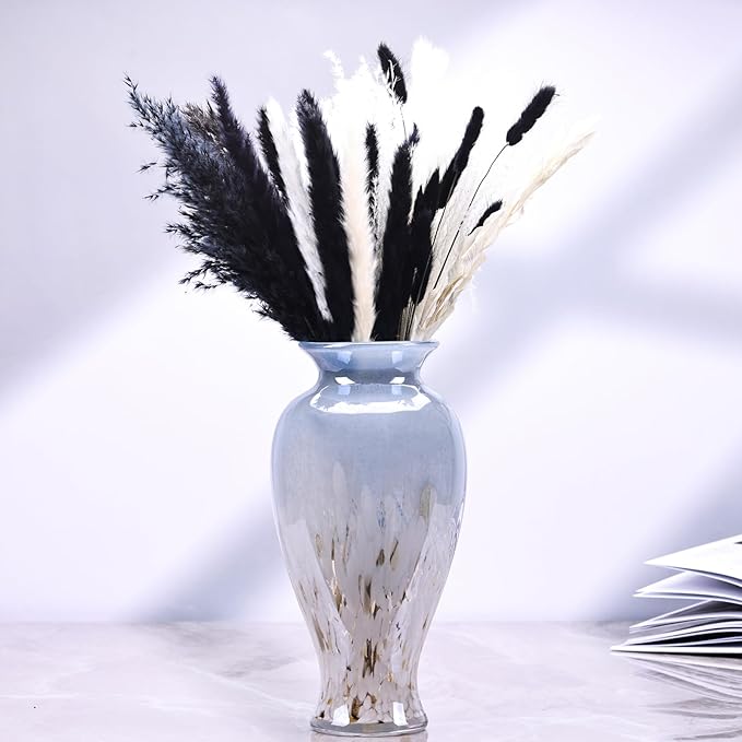 11.8" Tall Blown Blue Glass Vase, Colorful Opaque Glass Vase, Unique Design Wide Mouth Art Decoration for Home, Living Room, Dining Table, Pampas Grass Decor (Blue White)