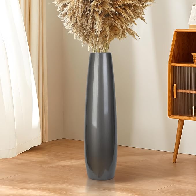 Silvery Ceramic Tall Floor Vase,28 Inch Large Modern Flower Vases for Home Décor,Wicker Big Floor Vase Decorations for Farmhouse, Living Room,Bedroom,Standing Plastic Vase Decorative Tall