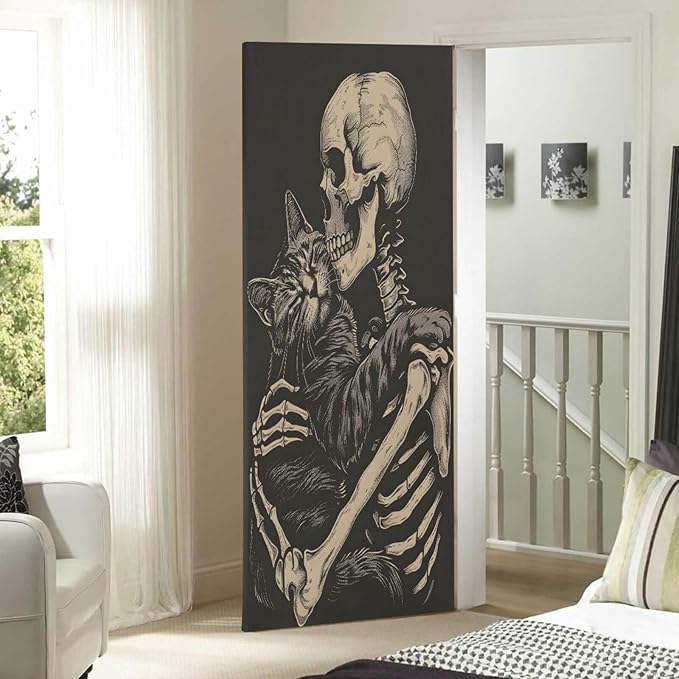 Halloween Door Cover Cat and Skeleton Skull Banner Decoration 79 * 35 inch for Front Doors Wall Party Decor