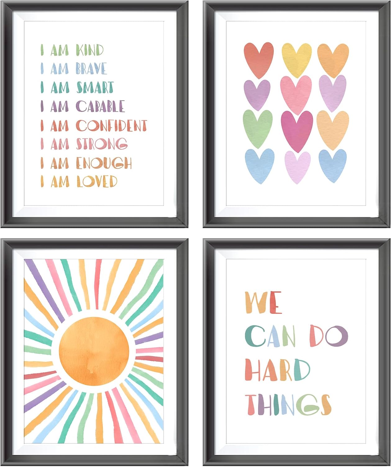 I am Kind Brave Smart Affirmations Colorful Sun Sunshine Hearts Poster Prints for Girls Kids Room Playroom Decor,Girl Nursery Decorations Prints Wall Art Unframed 4pcs,Girls Kids Gifts (12x16 in)