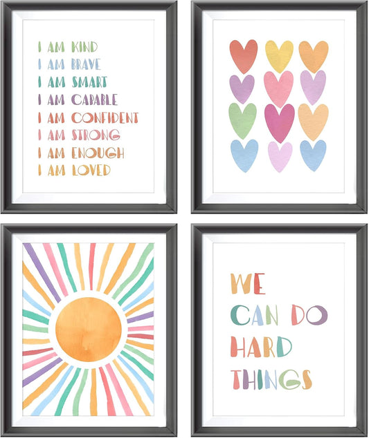 I am Kind Brave Smart Affirmations Colorful Sun Sunshine Hearts Poster Prints for Girls Kids Room Playroom Decor,Girl Nursery Decorations Prints Wall Art Unframed 4pcs,Girls Kids Gifts (12x16 in)