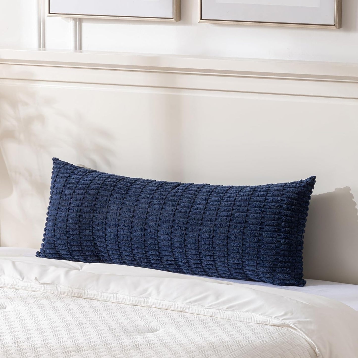 Fancy Homi Navy Blue Long Body Lumbar Decorative Throw Pillow Covers 14x36 Inch for Bed Couch Bedroom Bench, Soft Corduroy Rectangle Solid Pillow Case, Rustic Farmhouse Boho Room Decor