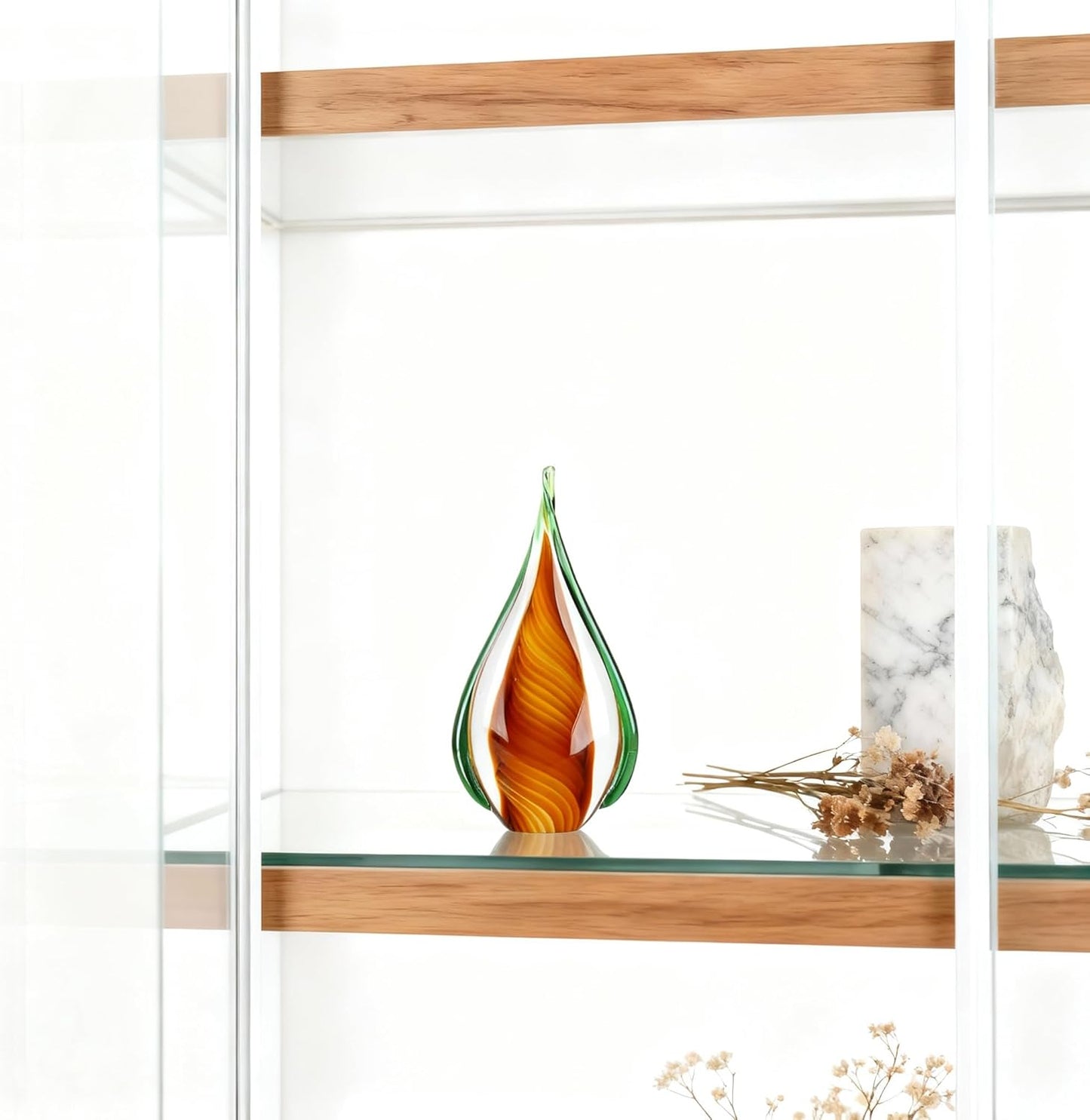 DOVDOV Blown Glass Sculpture, Green and Brown Glass Art Collectible Statue, Unique Teardrop Ornament, Suitable for Office, Bookshelf, Dressing Table, Living Room Coffee Table, or Mantelpiece Display.