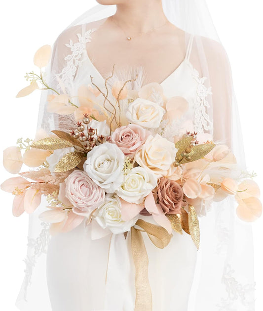 Ling's Moment Boho Wedding Bouquets for Bride, White Beige and Gold Bridal Bouquets for Bride, 15 Inch Free Form Artificial Wedding Flower Bouquet