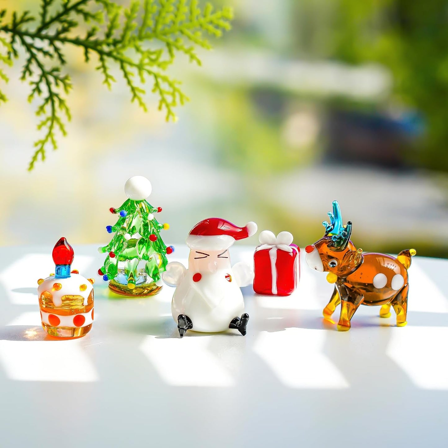 H&D HYALINE & DORA Set of 5 Blown Glass Christmas Figurines Miniature Christmas Holiday Figurines Handmade Christmas Ornaments Table Centerpiece for Home Decorations