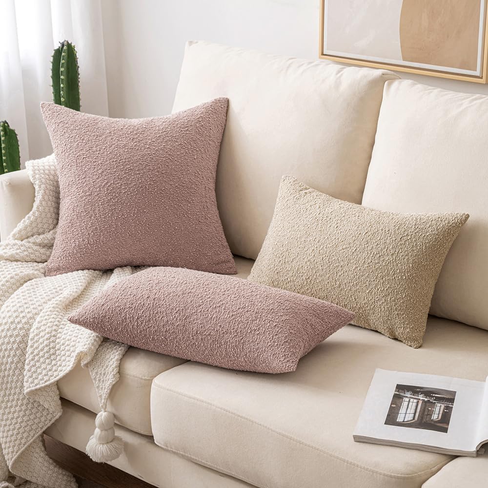 MIULEE 20x20 Inch Decorative Pillow Covers for Couch Bed Set of 2 Textured Boucle Neutral Winter Throw Pillows Pink Accent Solid Cushion Pillowcases Sofa Livingroom Home Decor