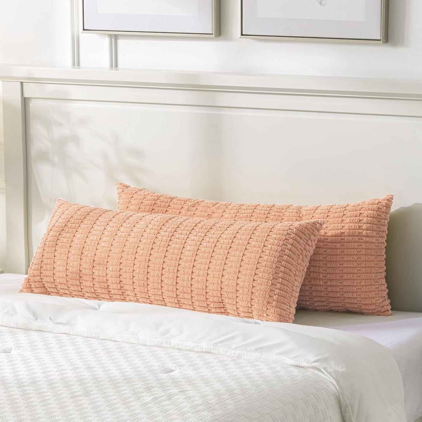Fancy Homi Peach Long Body Lumbar Lumbar Decorative Throw Pillow Covers 20x54 Inch for Bed Couch Bedroom Bench, Soft Corduroy Rectangle Solid Pillow Case, Rustic Farmhouse Boho Room Decor